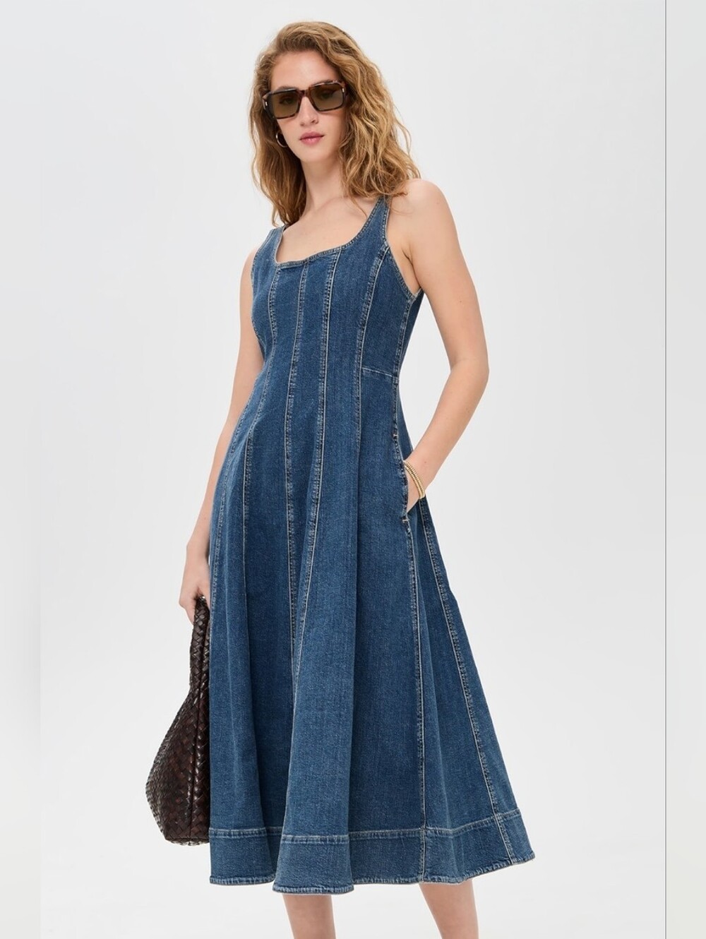 Madewell Croswell Wash Denim Jean Seamed Flare Midi Dress Size 6 NWT - Picture 1 of 13